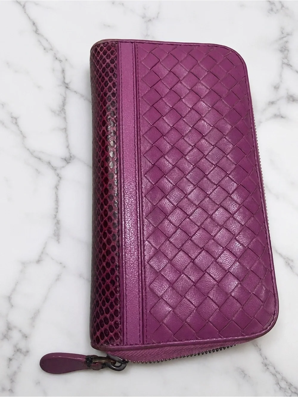 Hard to find Woven Leather Zip Wallet in Deep Plum with snake skin accent